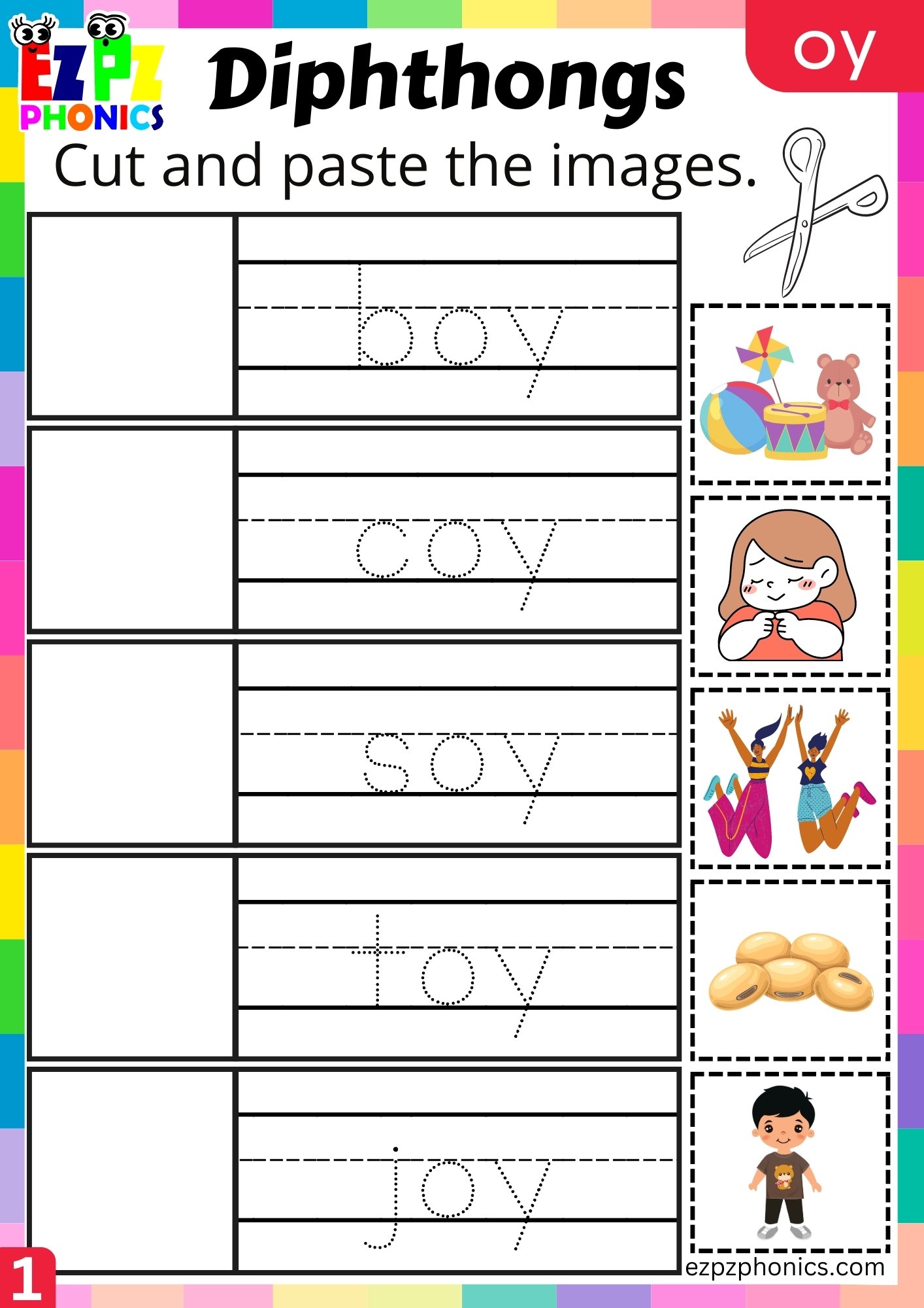 Oy Diphthong Cut And Paste The Images Worksheet Pdf Ezpzphonics